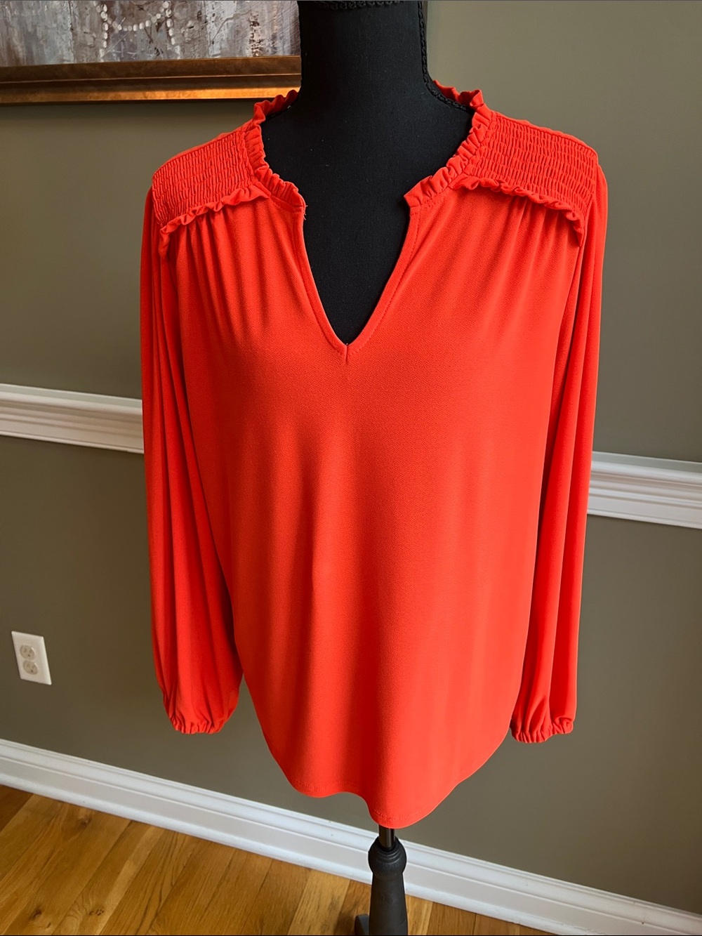 CeCe Orange Smocked Yoke V-Neck Blouse Size Large